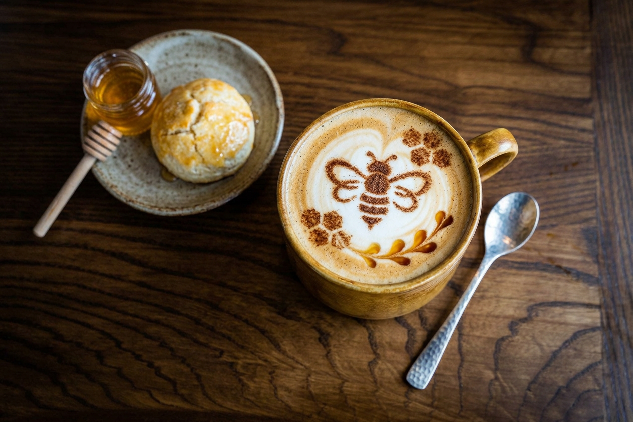 Coffee cup with bee latte art beside a plate with honey biscuit and jar of honey
